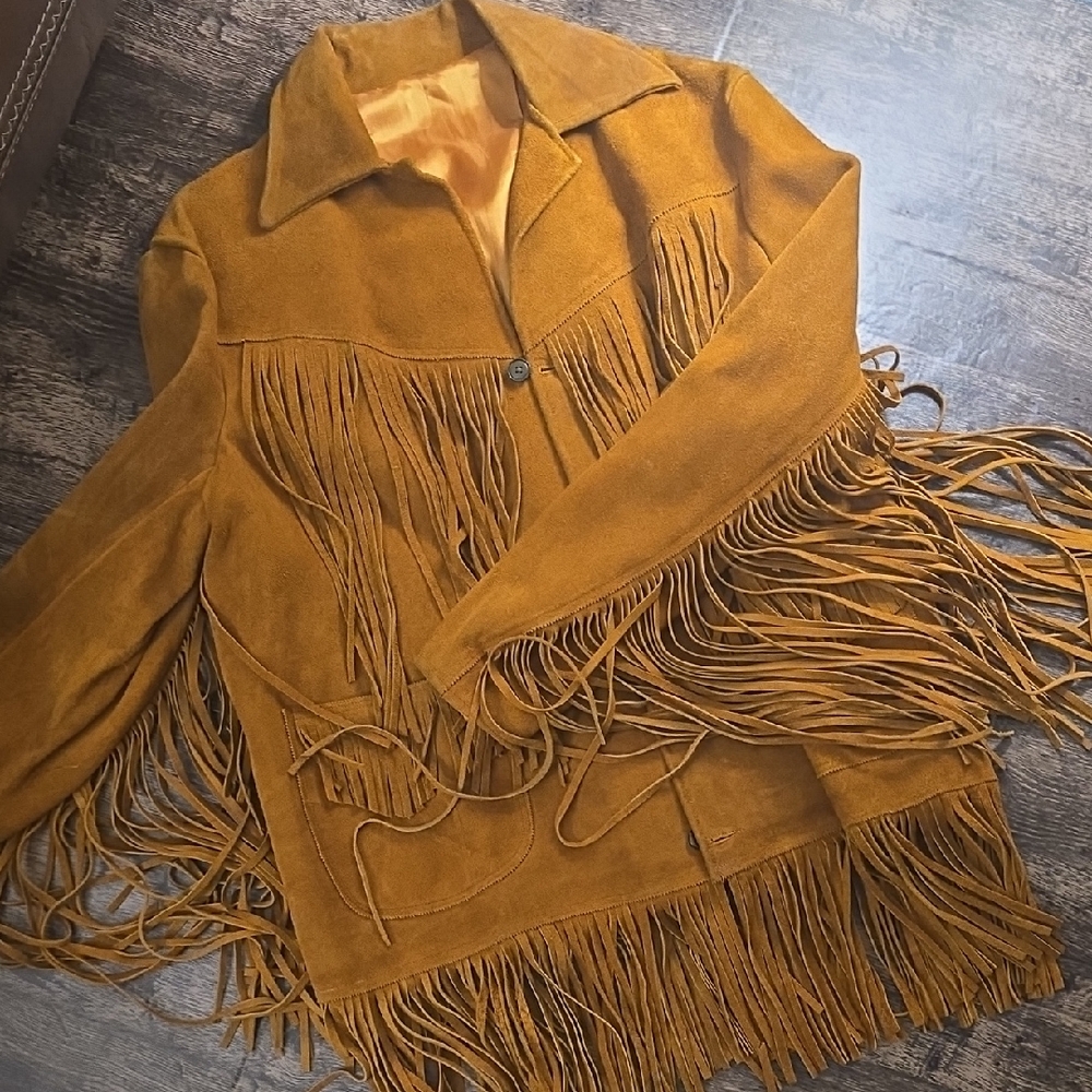 VINTAGE Men’s Fringe Suede Jacket -‎ Burnt Orange Brown Sz L / XL